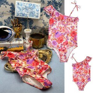 🆕 ZIMMERMANN KIDS 🧿 NWT Raie Frill 1 Shoulder 1PC, Red/Purple Floral - Sz 2 Y